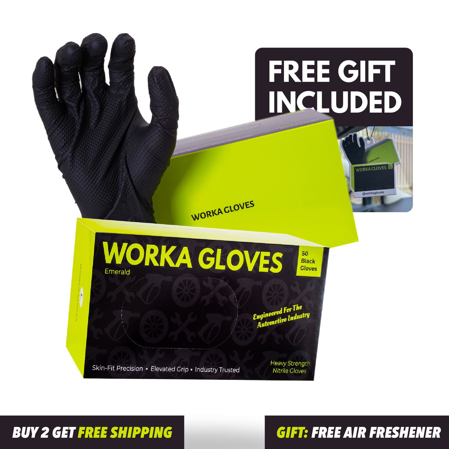 Worka Gloves - Strong 10-12 Mil Disposable Nitrile Gloves - Emerald Black (Box Of 50)